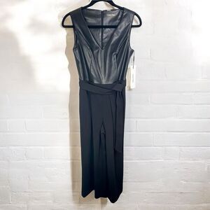 CALVIN KLEIN Black Faux Leather Top Jumpsuit Cropped Wide Leg Fall Sz 2 NWT